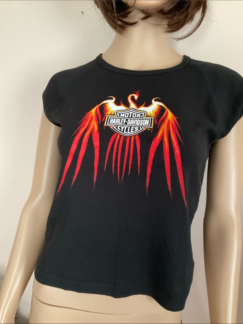 Vintage Harley-Davidson Black Cropped Tee with Red-Orange Flame Wings